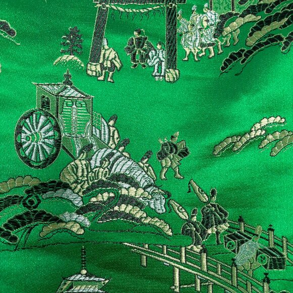 Chinese Brocade Fabric Bright Green 2 Yards Oriental Asian Chariot Scenery Print - Picture 1 of 16